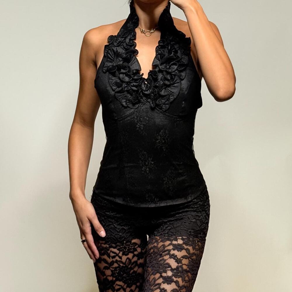 Black Lace Top with Ruffles L
